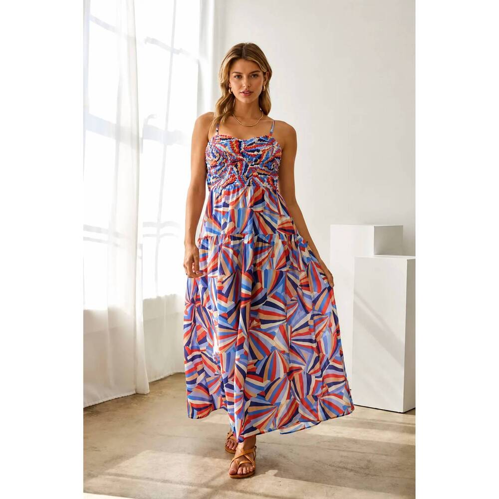 NEW SKIES ARE BLUE printed tiered midi dress in multi - Picture 1 of 9